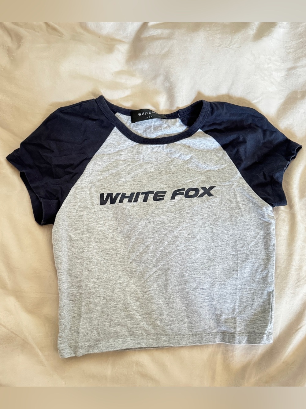 White Fox Boutique Grey & Blue Raglan Logo baby tee S